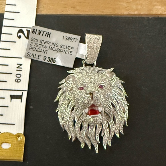 Sterling Silver Moissanite Lion Pendant with Red Accents